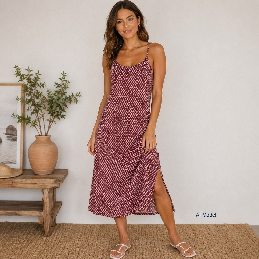 Boho Midi Slip Dress Medium Burgundy Floral Print Cypress Crinkle Sundress Odell